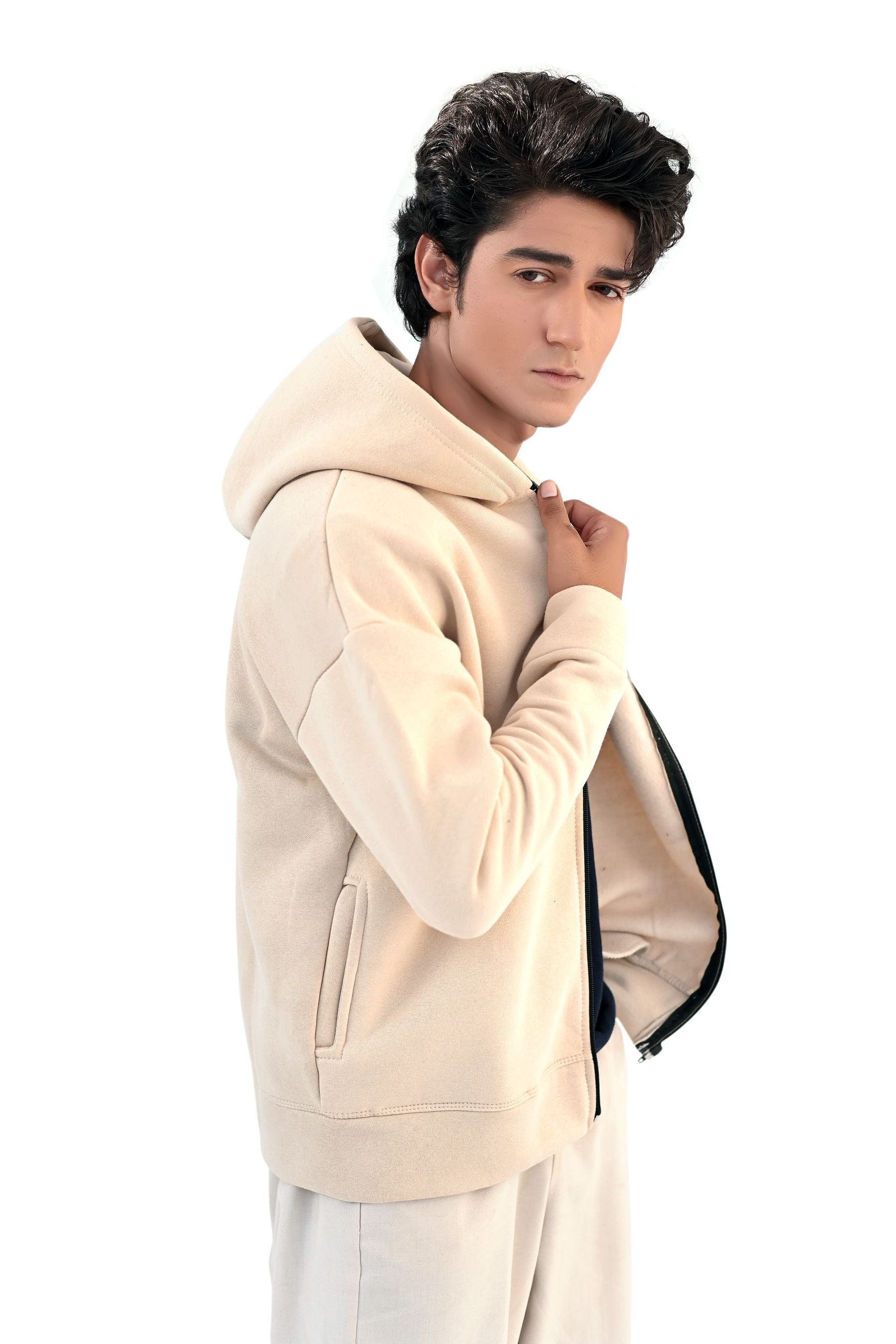 Beige Zipper Hoodie