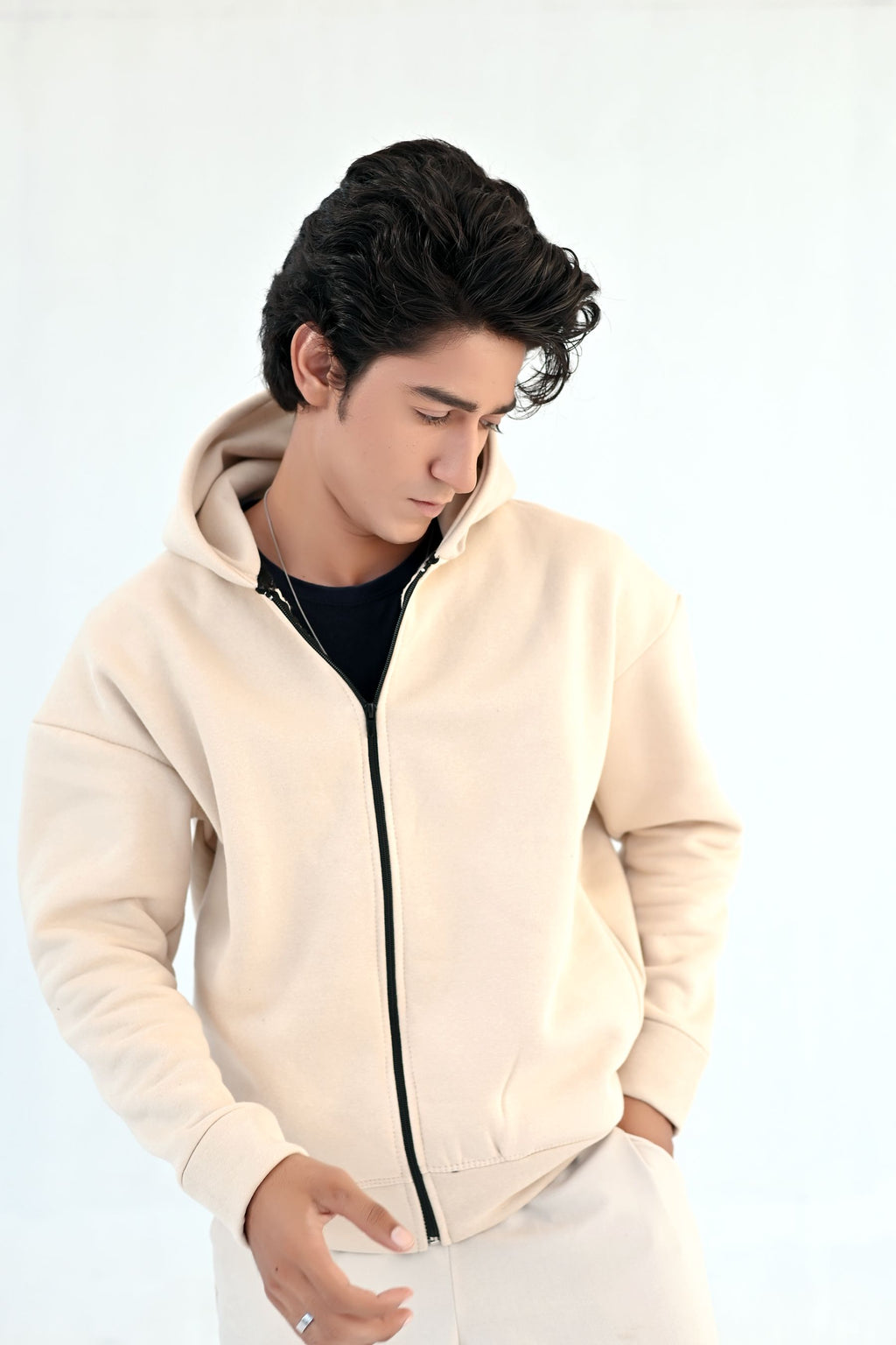 Beige Zipper Hoodie